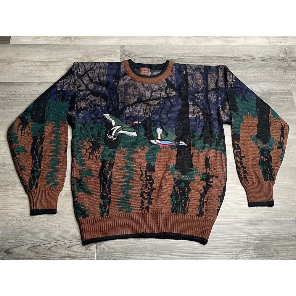 Vtg Duxbak Mallard Duck Scenic Grandpa Knit Sweater Mens XL Hunting Lodge
